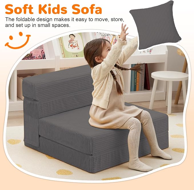 MeMoreCool Kids Folding Sofa Chair – Corduroy Floor Futon, Tri-Fold Mattress - Image 2