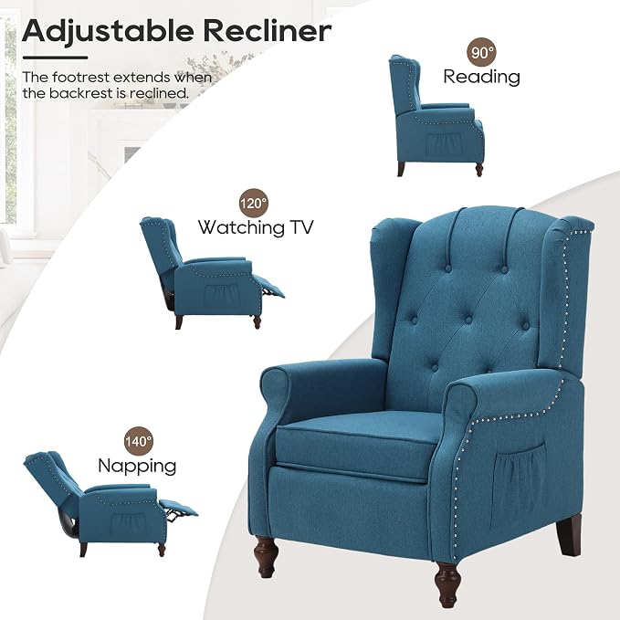 Wingback Recliner Chair with Massage and Heat, Tufted Fabric Push Back Recliner - Image 4