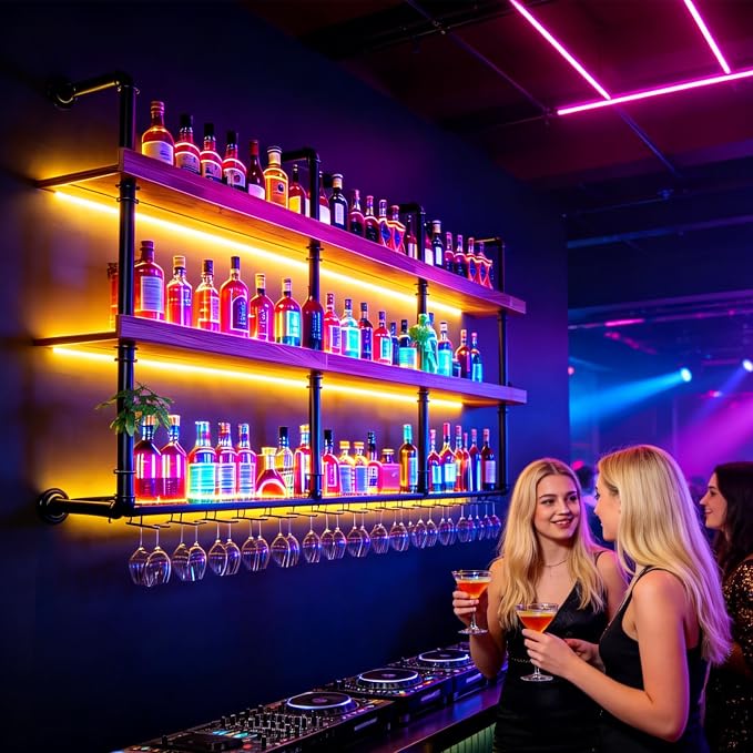 Wall Mounted Wine Rack with LED Lights, 3-Tier Industrial Wood Floating Shelves - Image 3