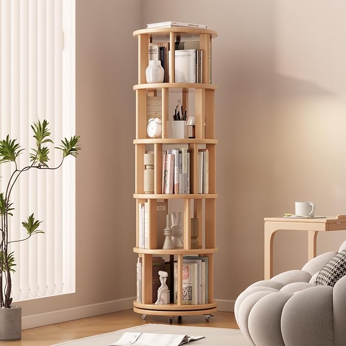 Muwuele Solid Wood Rotating Bookshelf on Wheels, 5 Tier, Round Revolving by Muwuele
