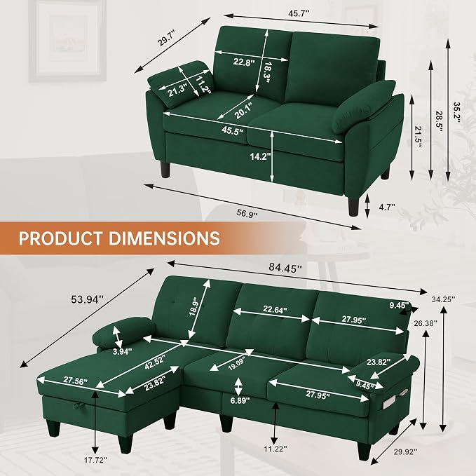 84" Convertible Sectional Sofa Set, 3 Seat L Shaped Couch - Image 2