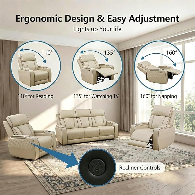 Power Recliner Sofa Set with LED Lights, Includes 2 Manual Recliner 1 Seat and - Image 2