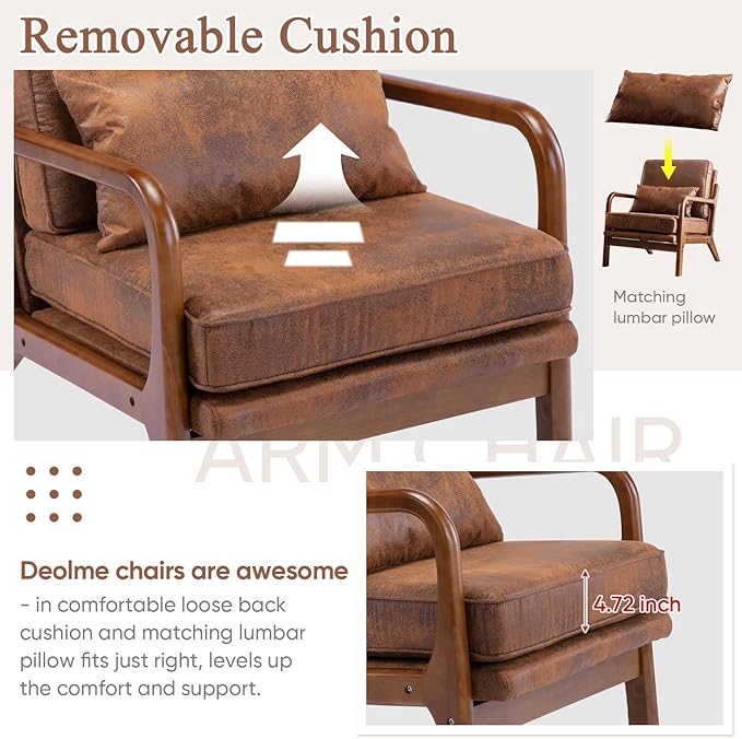 Mid Century Modern Accent Chair Set of 2 Living Room- Comfy Solid Wood Arm Chair - Image 3