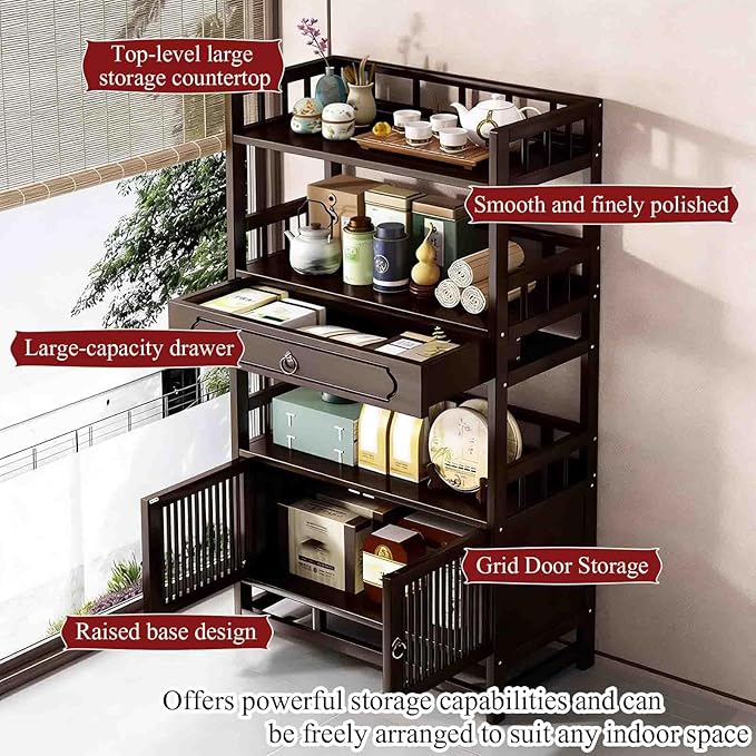 Bamboo Storage Cabinet with Drawer, Tea Set/Book/Decorative Items Storage Rack - Image 7