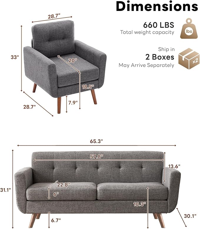 Tbfit Mid Century Modern Sofa Couch, Loveseat & Accent Chair | linen fabric - Image 2