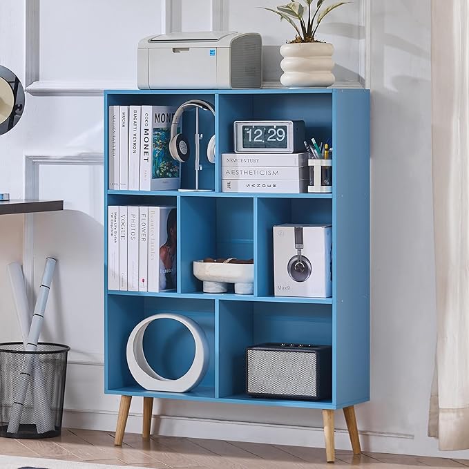 LEYAOYAO Cube Bookshelf 3 Tier Mid-Century Blue Modern Bookcase - Image 5