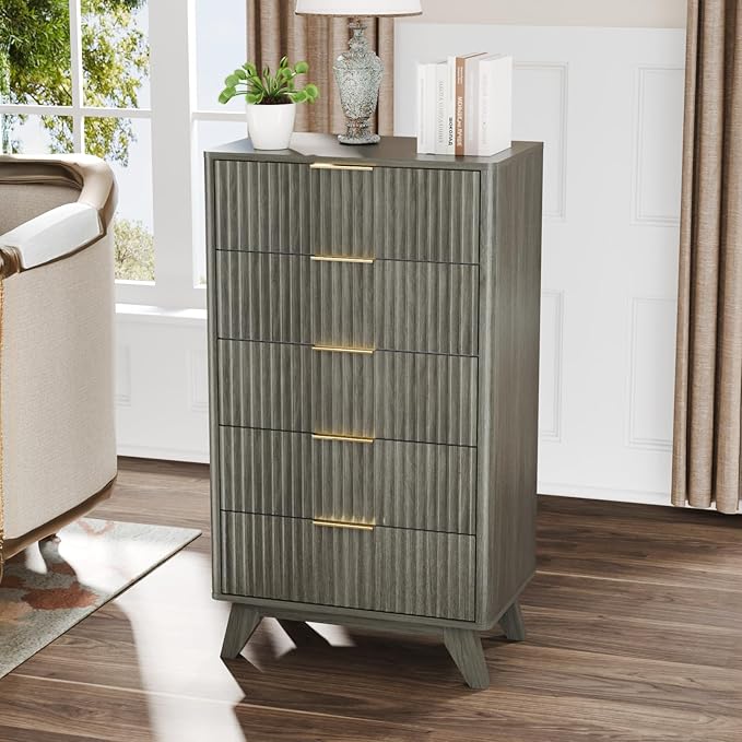 VINGLI Fluted Tall Dresser 5 Drawer, 23.66" W Chest of Drawers Gray Wood Dresser - Image 7