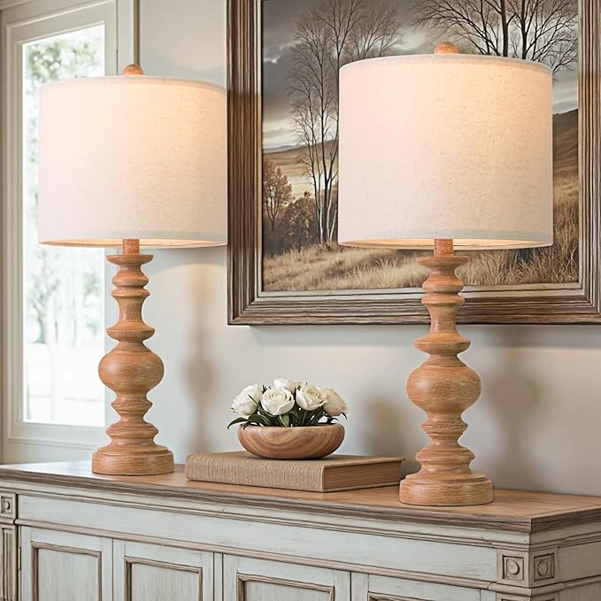BOBOMOMO 24" Farmhouse Table Lamps Set of 2 – Rustic Light Brown Resin Bedside - Image 3