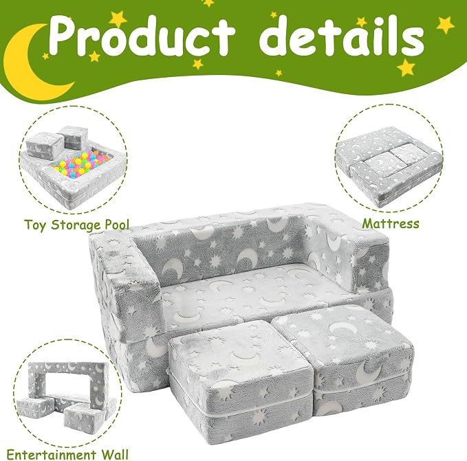 Kids Couch, Dark Grey | Glow-in-The-Dark, Chair Seat, Playroom Furniture - Image 6