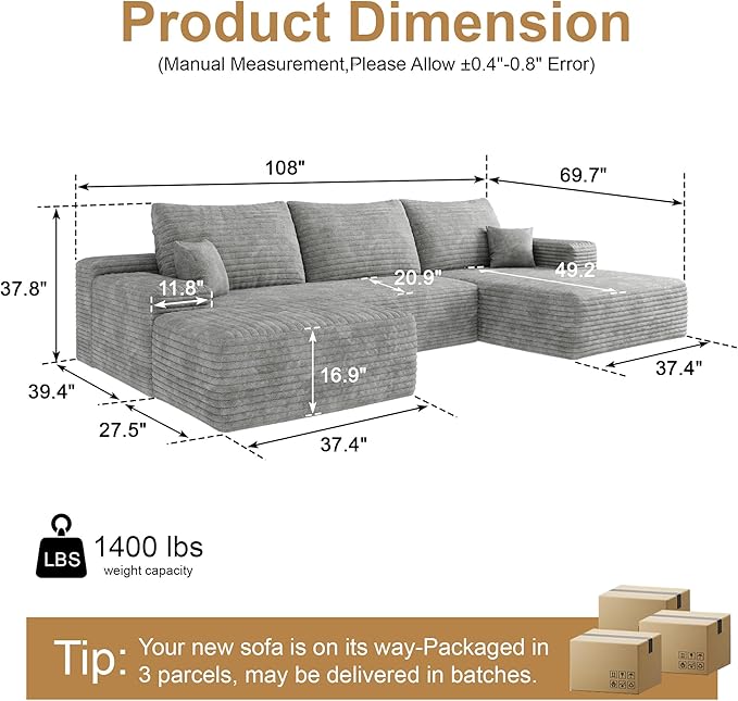 108" Sectional Couches for Living Room Cloud Couch Sofa - Image 2