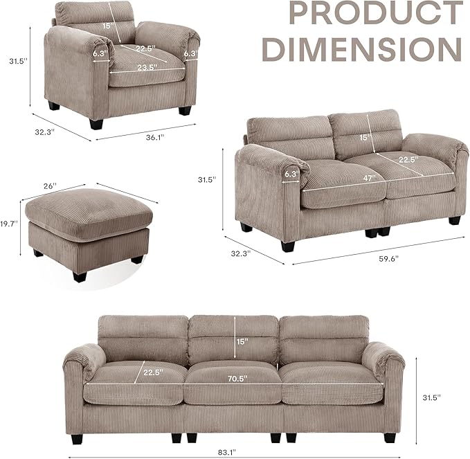 HAOMARKETS Corduroy Sofa Set, Upholstered Loveseat and 3-Seater Couch Set of 2 - Image 2