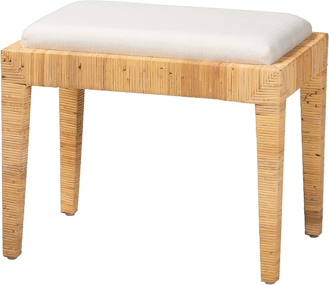 Modern Bohemian Natural Brown Rattan and Mahogany Wood Ottoman Cream Eclectic - Image 2