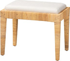 Modern Bohemian Natural Brown Rattan and Mahogany Wood Ottoman Cream Eclectic - Image 2
