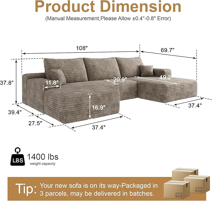 108" Sectional Couches for Living Room Cloud Couch Sofa - Image 2