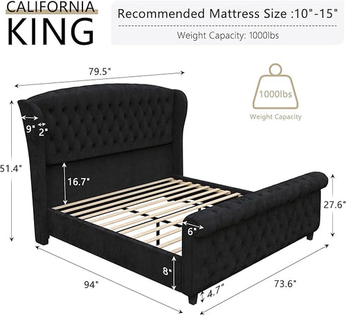 AMERLIFE California King Size Platform Bed Frame, Velvet Upholstered Sleigh Bed - Image 2