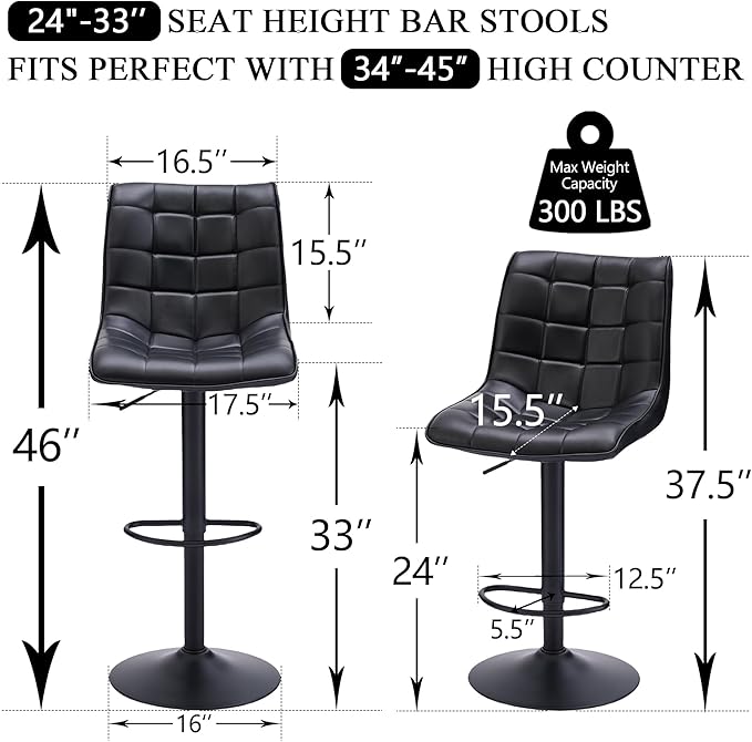 FIRAVOE Bar Stools Set of 3, Adjustable Counter Height Barstools 24"-33" - Image 2