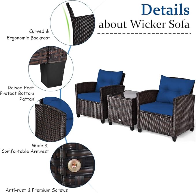 Tangkula 3 Pieces Patio Furniture Set, PE Rattan Wicker 3 Pcs Outdoor Sofa Set - Image 7