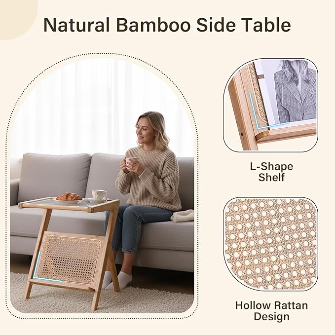 Tiita Rattan Side Table, Mid Century Nightstand, Bamboo Accent Bedside Tables - Image 6