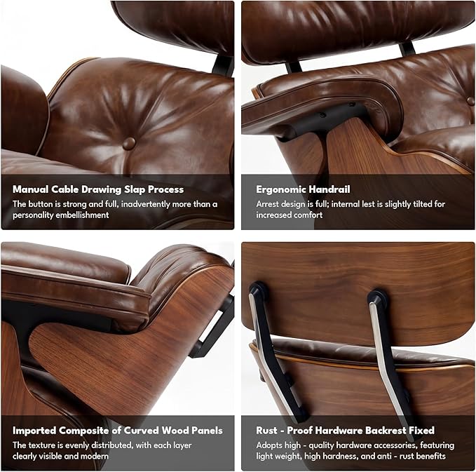 Top Grain Leather, Mid Century Chaise Lounge Chair and Ottoman, Reading Chair - Image 7