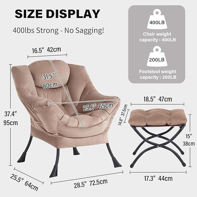 Tiita Lazy Chair with Ottoman, Khaki Modern Large Accent Chair, Comfy Leisure - Image 2