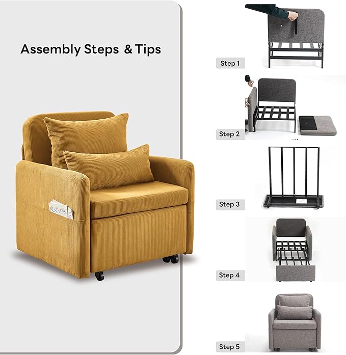 Iroomy 5-Level Adjustable Convertible Sleeper Chair, 3-in-1 Corduroy Pull Out - Image 9
