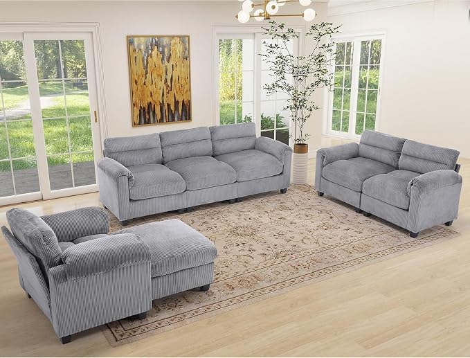 HAOMARKETS Corduroy 2-Piece Sofa Set, Upholstered Ottoman and 3-Seater Sofa - Image 7
