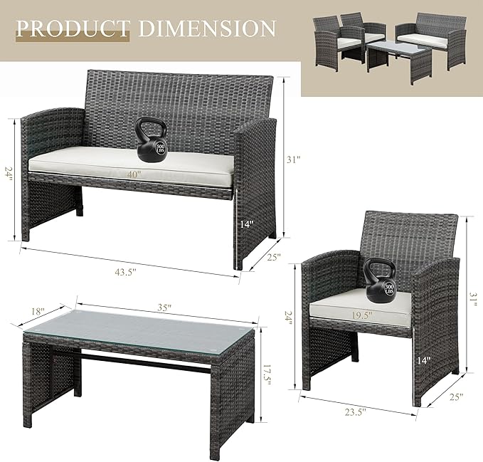 JAMFLY 4 Piece Outdoor Patio Furniture Set, Outdoor Wicker Rattan Chairs - Image 2