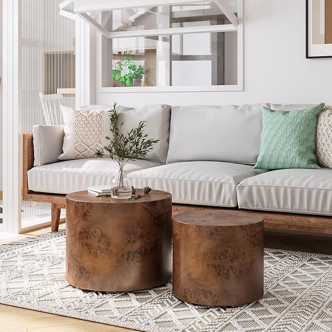 Round Nesting Coffee Table Set of 2, Modern Wooden Circle Burl Accent Tables - Image 3