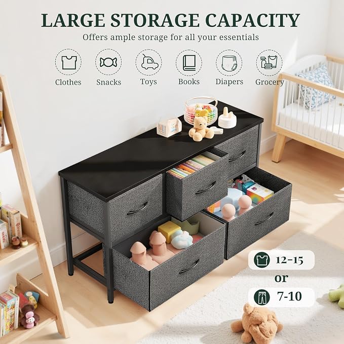 5-Drawer Dresser for Bedroom, Anti-Tip Wide Storage Organizer Fabric Chest of - Image 5