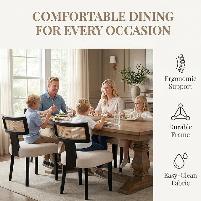 HNY Mid Century Modern Rattan Dining Chairs Set of 4, Farmhouse Linen - Image 3
