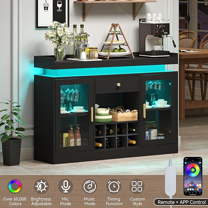 Wine Bar Cabinet with LED Light, Home Coffee Bar Cabinet with Wine and Glass - Image 6