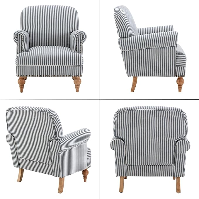 Blue Striped Linen Fabric Accent Chairs Set of 2, Coastal Upholstered Armchairs - Image 9