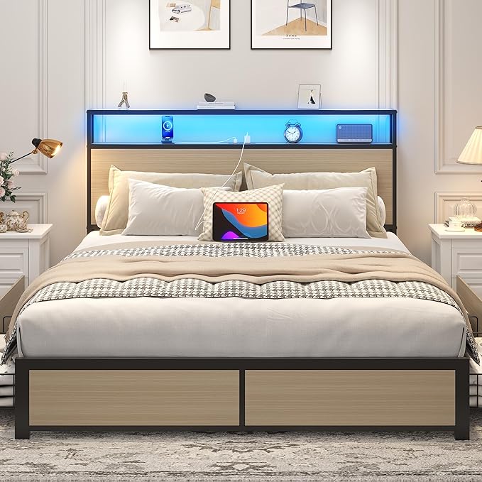 Lifezone Queen Bed Frame with 2-Tier Storage Headboard, Metal Platform Bed - Image 3