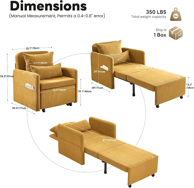 Iroomy 5-Level Adjustable Convertible Sleeper Chair, 3-in-1 Corduroy Pull Out - Image 3