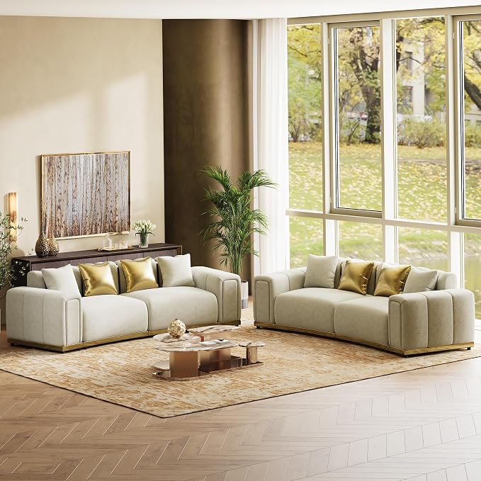 Oversized Chesterfield Sofa Set Luxury Velvet Couch Vintage Tufted Couch Beige by BEQAIWhereArtMeetsLiving