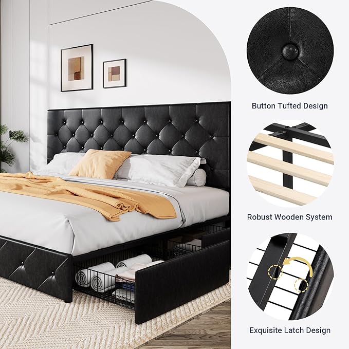 Allewie King Size Black Metal Faux Leather Platform Bed Frame - Image 6