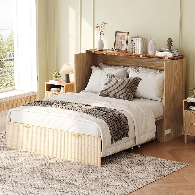 VINGLI Full Murphy Bed with Storage Drawer, 2 Charging Station, Fluted Wooden - Image 9