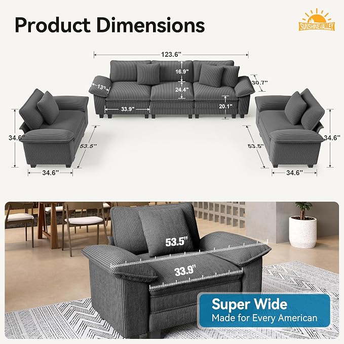 SUNSHINE VALLEY 3 Piece Living Room Sofa Furniture Set, Corduroy 2 Comfy Cloud - Image 2