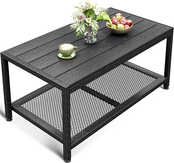 ODK Outdoor Coffee Table with Double-Layer Storage, Rectangle Weather-Resistant by ODK