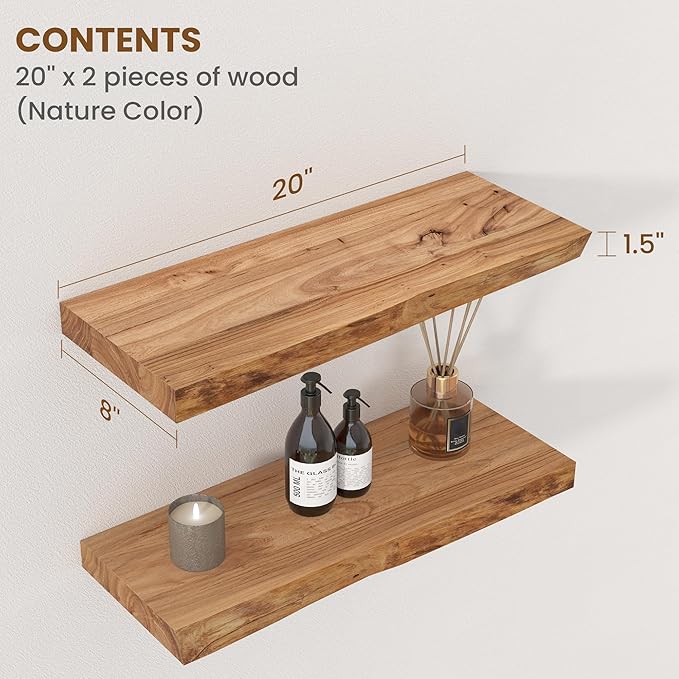 Floating Shelves for Wall Decor, Rustic Solid Elm Wood Live Edge Floating - Image 2