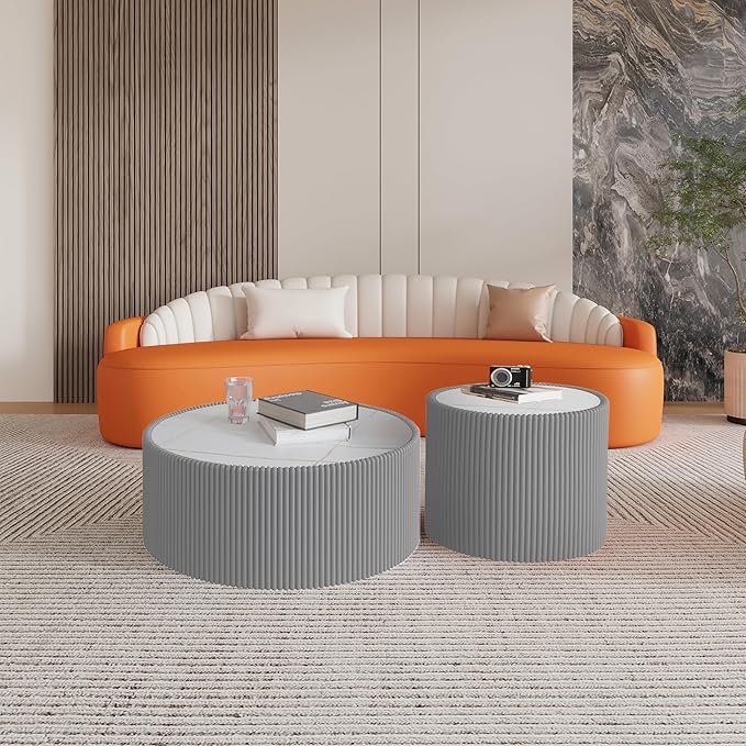 29.52" Round Marble Coffee Table, Modern Fluted Coffee Table w/White Sintered - Image 7