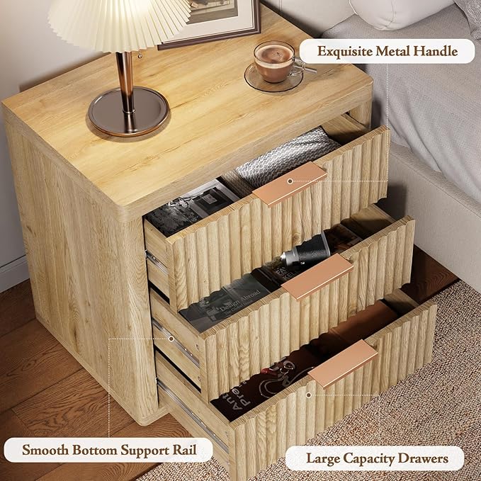 Night Stand with 3 Drawers, Fluted Bed Side End Table with Metal Handle - Image 4