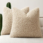 Faux Fur Throw Pillow Covers 24x24 Inch Set of 2 Boucle Neutral Decorative by Woaboy