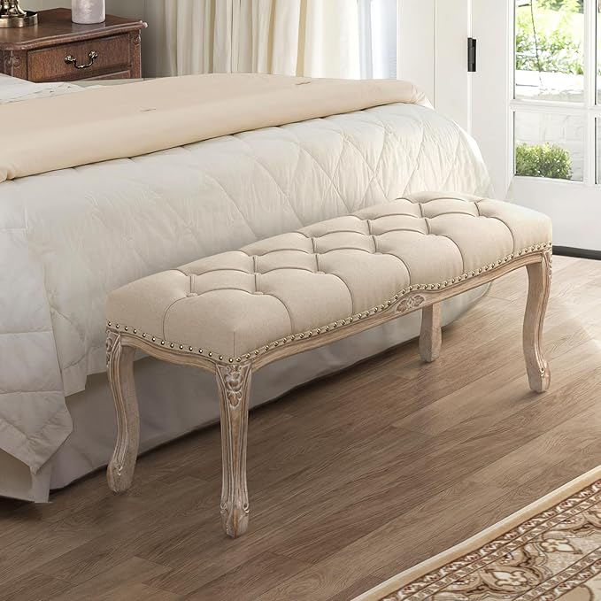 Cozyman Bedroom Bench, French Vintage Tufted Entryway Bench, 45.2" Carving - Image 2