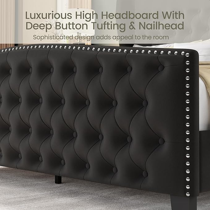 LARMACE King Size Bed Frame Velvet Upholstered Platform Bed - Image 4