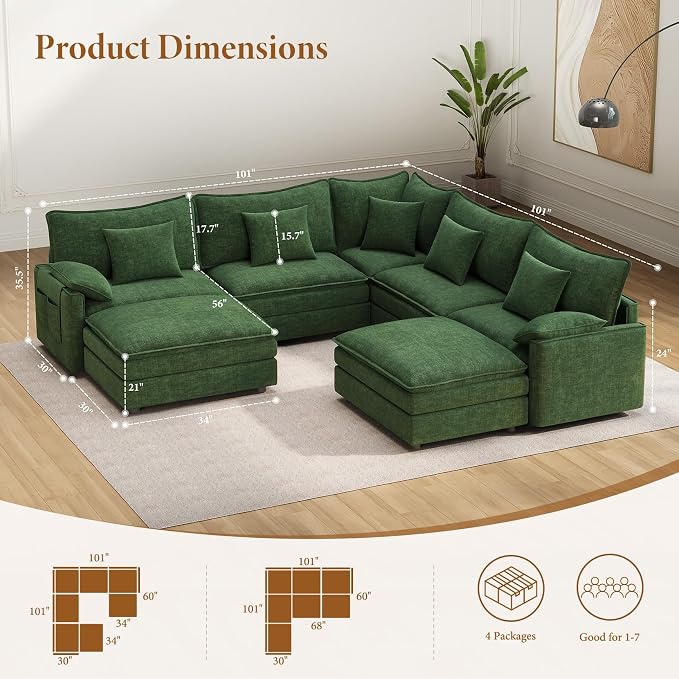 Vesgantti 101" V-Shaped Corner Couch Sectional, 7 Seat Customizable Modular - Image 2