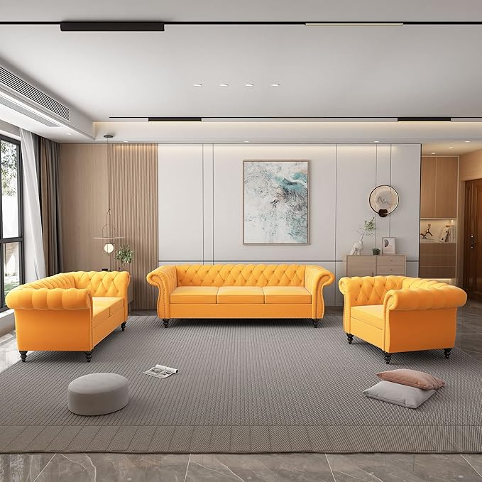 ORRD 3 Piece Living Room Set, Velvet Chesterfield Sofa Loveseat Couch Chair by ORRD