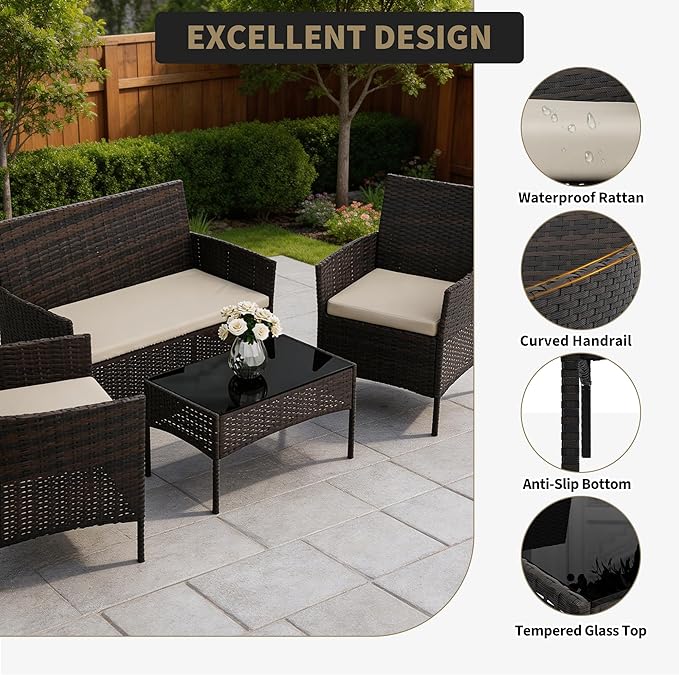 4-Piece Patio Furniture Set, Outdoor Wicker Conversation Set - Image 3
