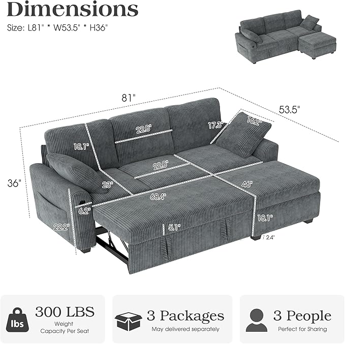 Ihanherry 81-inch Corduroy Modular Sectional Sofa Bed - Image 2