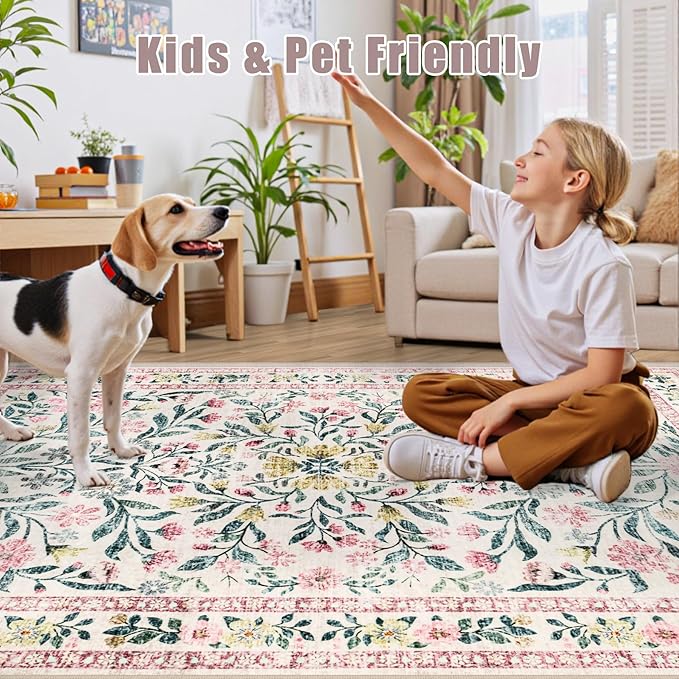 Area Rugs 9x12 Living Room: Floral Washable Rug Vintage Large Soft Boho - Image 7